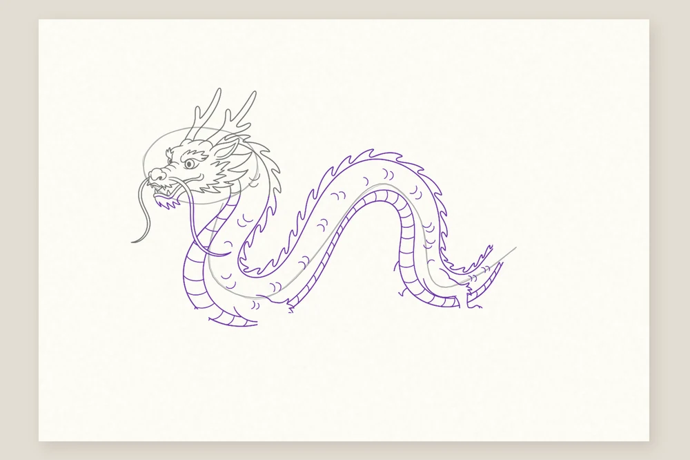 Dragon chinois, étape 3 : le long corps de serpent, ses écailles et sa crête