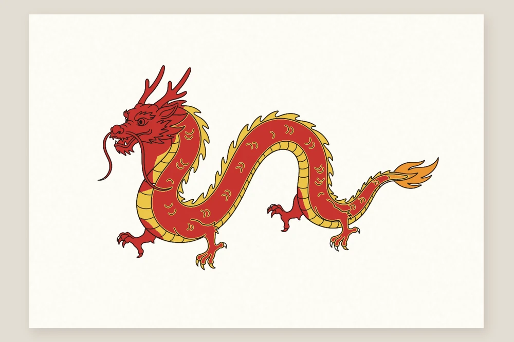 Dessin de dragon chinois colorié en rouge et or