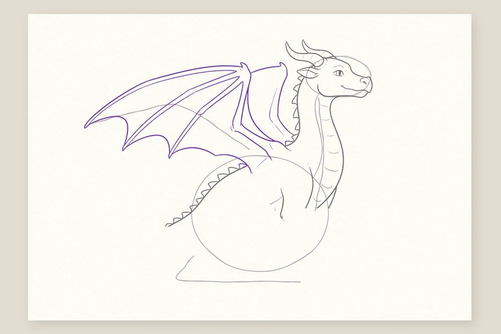 Dessin dragon étape 4 : les deux ailes de chauve-souris, avec leurs os et leurs membranes