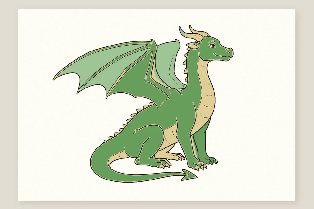 Dessin dragon en couleur terminé : un dragon ailé vert au ventre doré