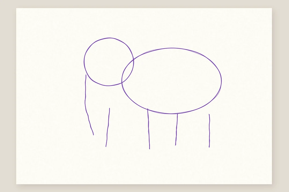 Comment dessiner un éléphant : étape 1, un rond pour la tête, un ovale pour le corps, la trompe et quatre traits pour les pattes