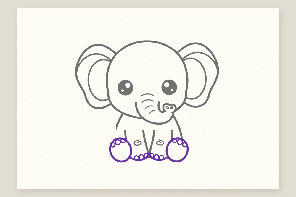 Dessin d'éléphanteau kawaii : les pattes rondes et leurs ongles