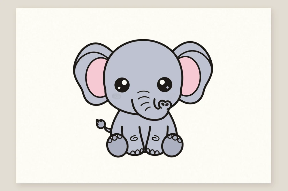 Dessin d'éléphanteau kawaii colorié en gris, oreilles roses