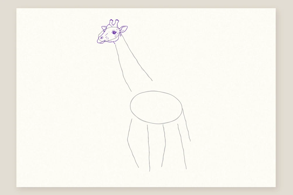Dessin girafe étape 2 : la tête, l'œil, les deux ossicônes et les oreilles