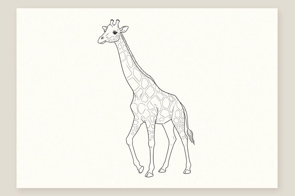 Dessin girafe facile : contour repassé au feutre, repères gommés