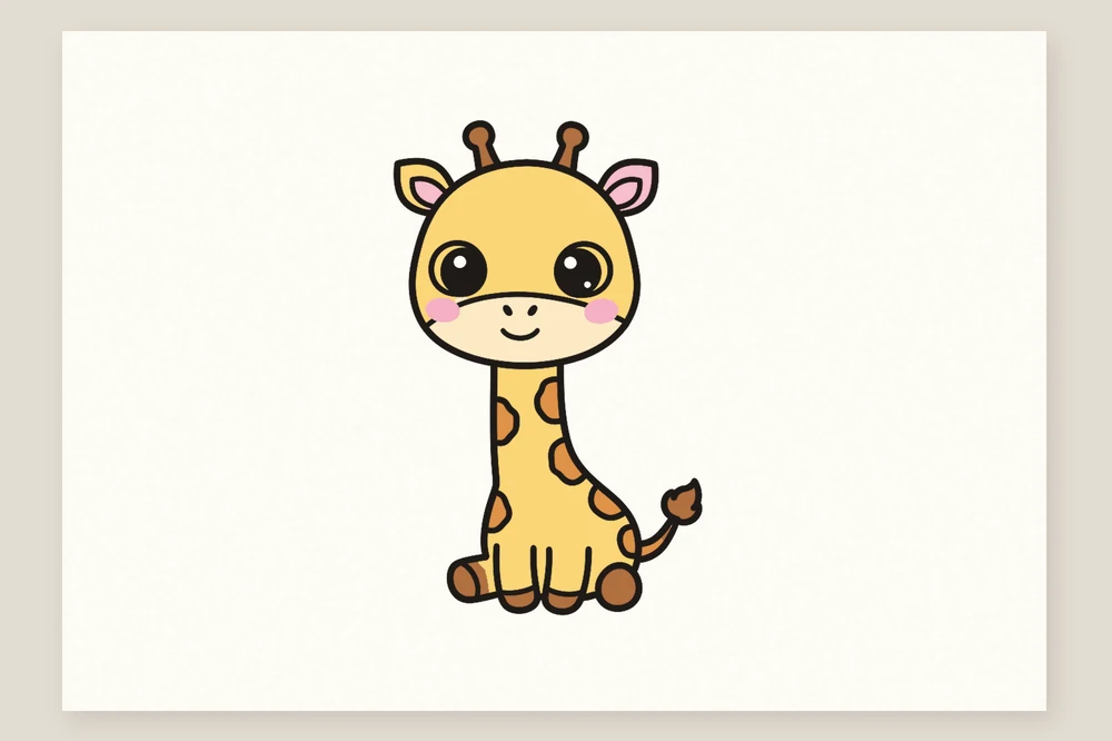 Dessin de girafe kawaii facile pour enfant, coloriée en jaune avec des taches orange