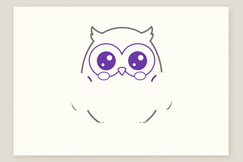 Dessin de hibou kawaii : les grands yeux, les joues et le petit bec