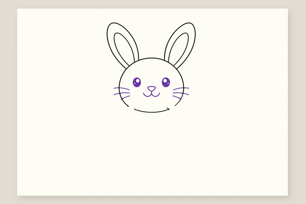 Dessin lapin de Pâques étape 2 : les yeux, le nez, la bouche et les moustaches