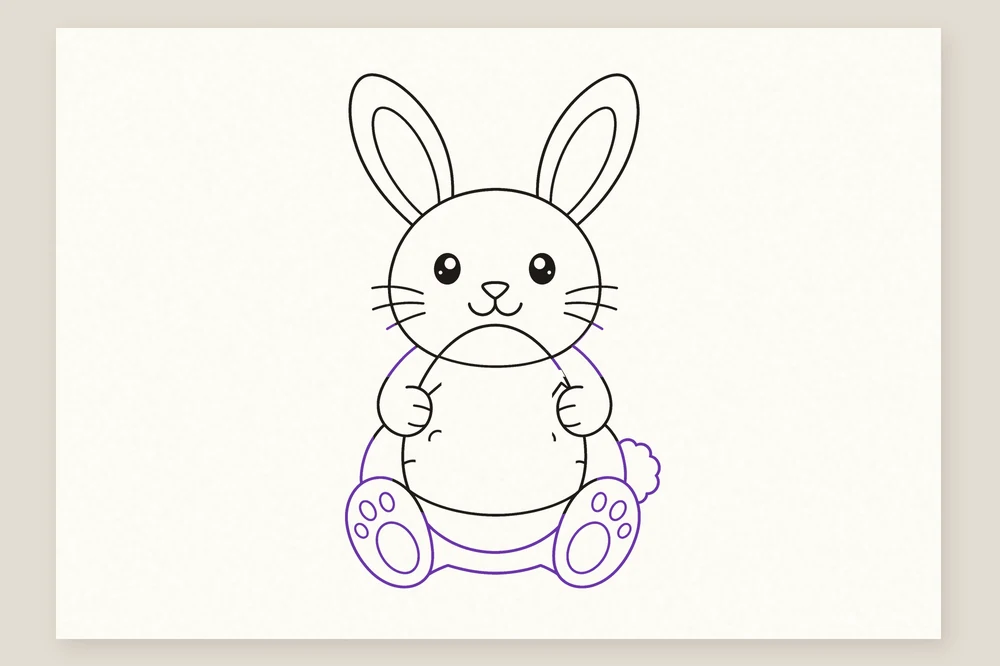 Dessin lapin de Pâques étape 4 : le corps, les gros pieds et la queue