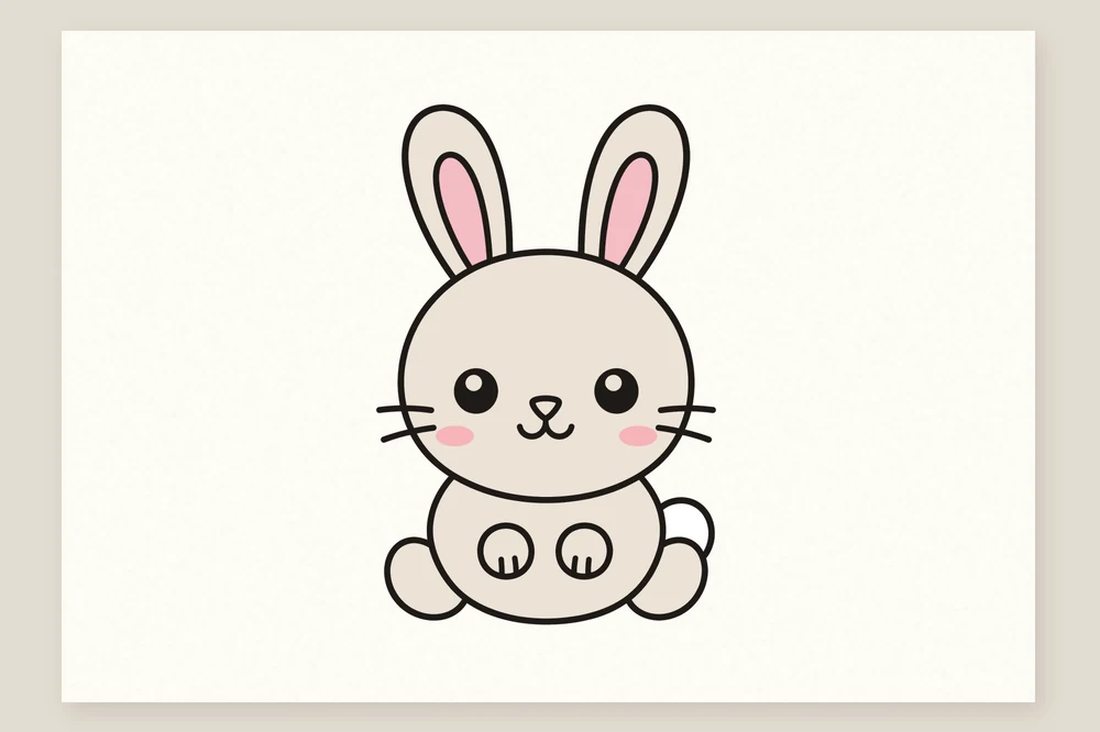 Dessin de lapin kawaii facile pour enfant, colorié avec des oreilles roses