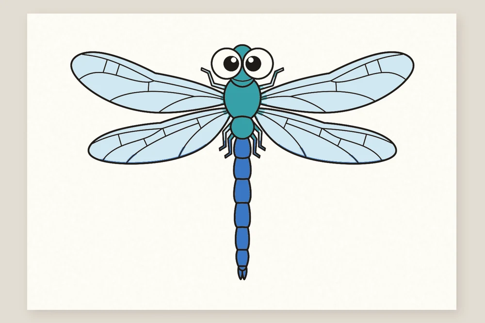 Dessin libellule en couleur terminé : thorax turquoise, abdomen bleu, ailes bleu pâle