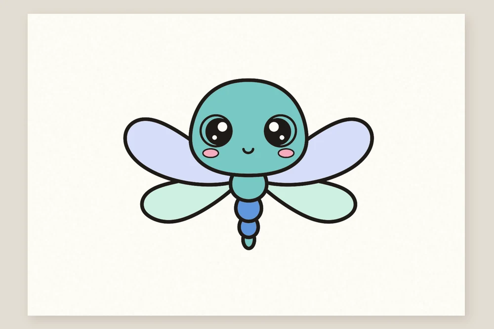 Dessin de libellule kawaii facile pour enfant, coloriée en turquoise avec des ailes pastel