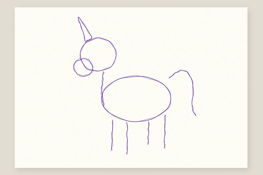 Comment dessiner une licorne : étape 1, un rond pour la tête, un pour le museau, un triangle pour la corne, un ovale pour le corps et des traits pour les pattes