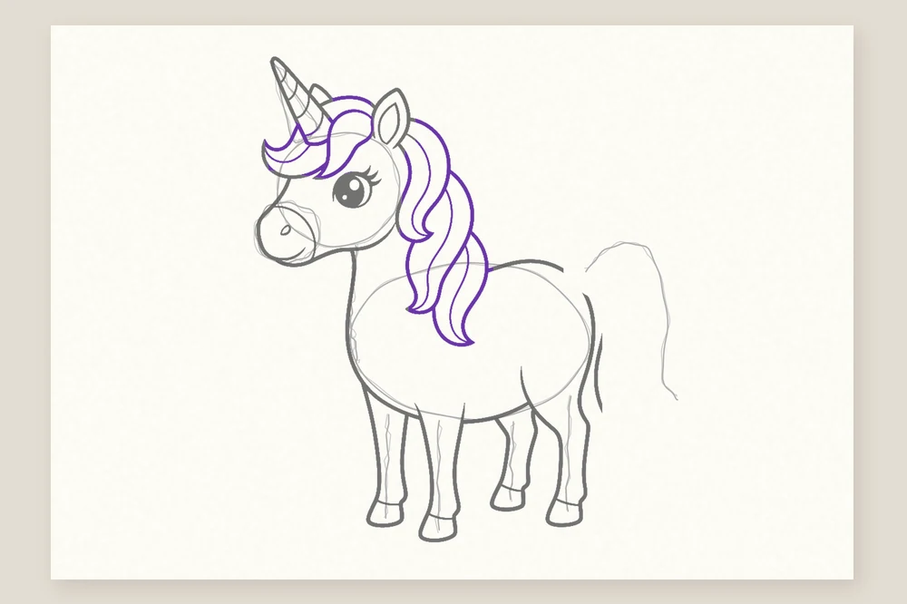 Dessin licorne étape 5 : la crinière en grandes mèches ondulées
