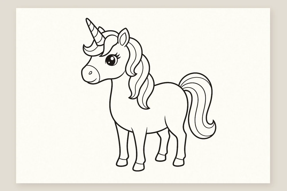 Dessin licorne facile : contour repassé au feutre, repères gommés