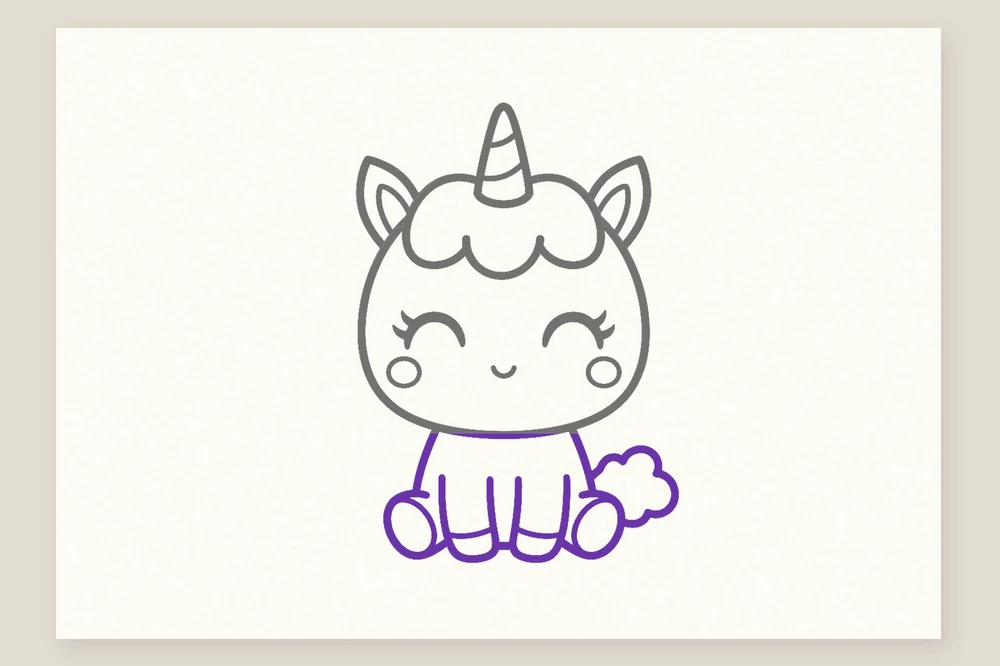 Dessin de licorne simple pour enfant : le petit corps, les pattes et la queue en nuage
