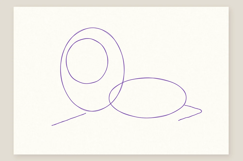 Comment dessiner un lion : étape 1, un rond pour la tête, un ovale pour la crinière, un ovale pour le corps et les repères des pattes et de la queue