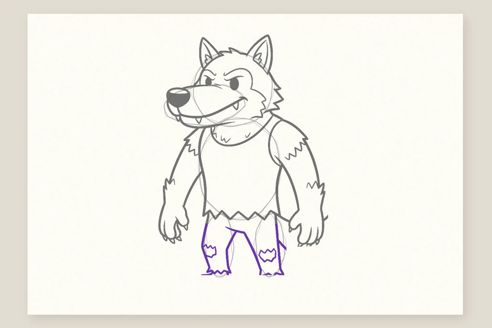 Dessin loup-garou étape 5 : le pantalon déchiré aux genoux