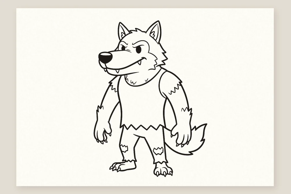 Dessin loup-garou étape 7 : repassé à l'encre, repères gommés