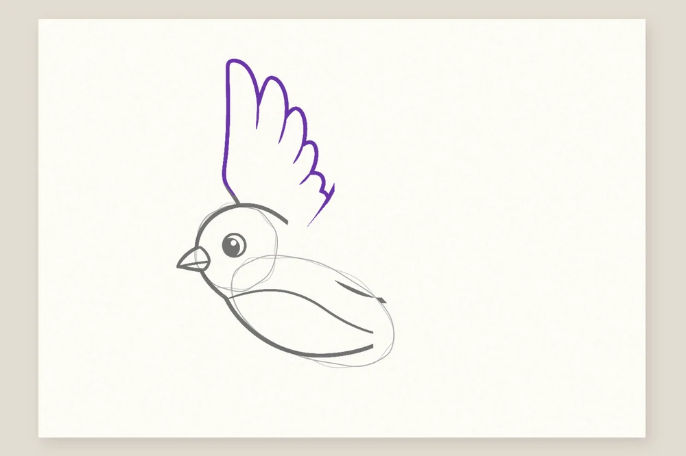 Dessin oiseau qui vole étape 4 : l'aile du fond, dressée vers le haut