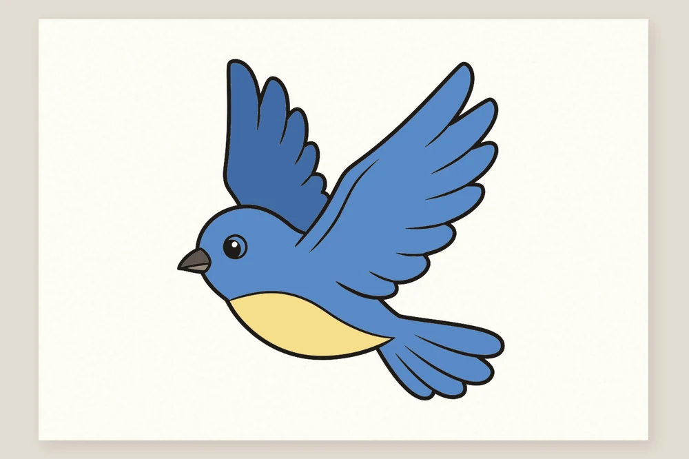 Dessin oiseau en vol terminé en couleur : dos et ailes bleus, ventre jaune pâle