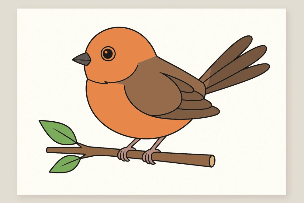 Dessin oiseau en couleur terminé : un rouge-gorge à la poitrine orange posé sur une branche