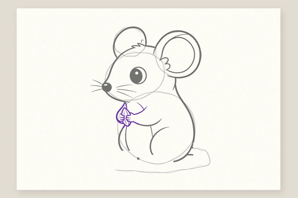 Dessin souris étape 5 : les pattes avant qui tiennent une graine sous le museau