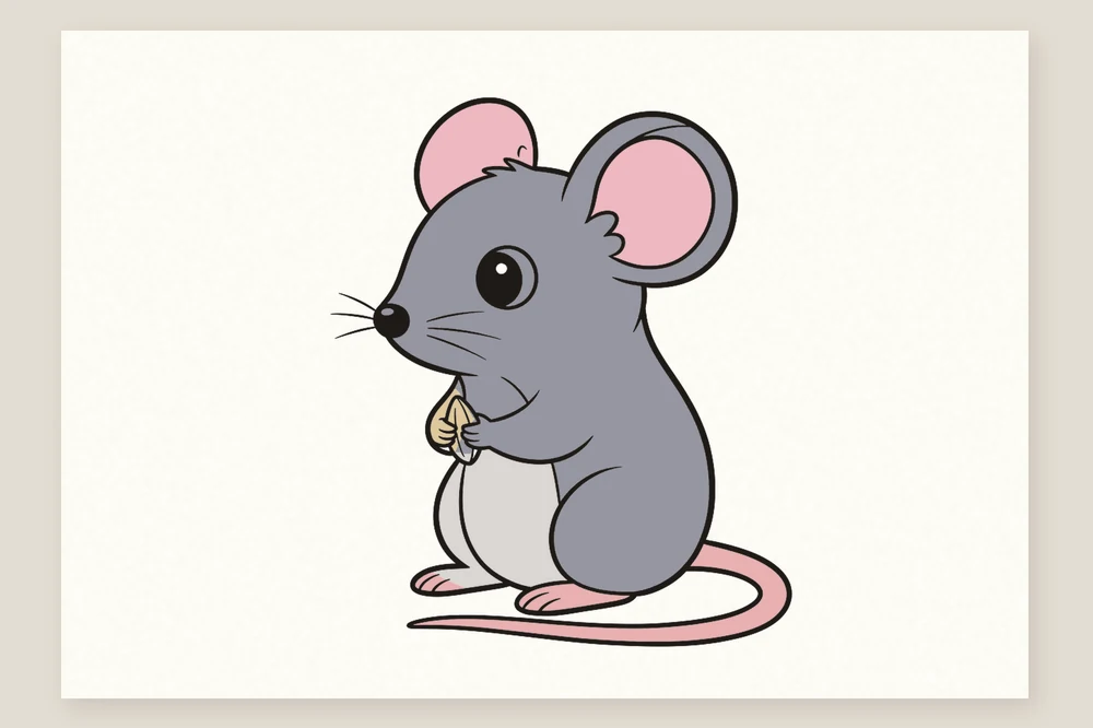 Dessin souris en couleur terminé : corps gris, ventre clair, oreilles et queue roses, une graine dans les pattes
