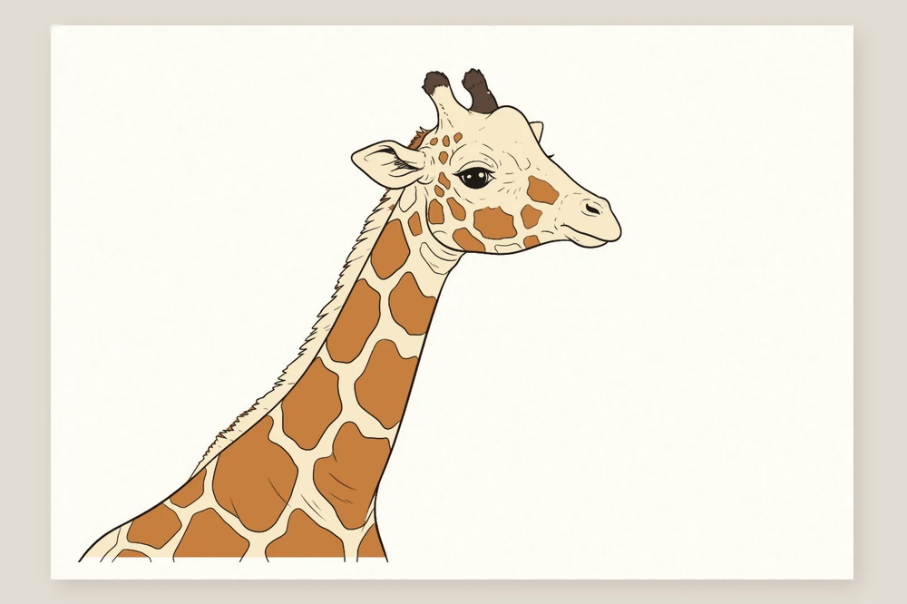 Dessin de tête de girafe de profil terminé en couleur : pelage crème et taches brun orangé