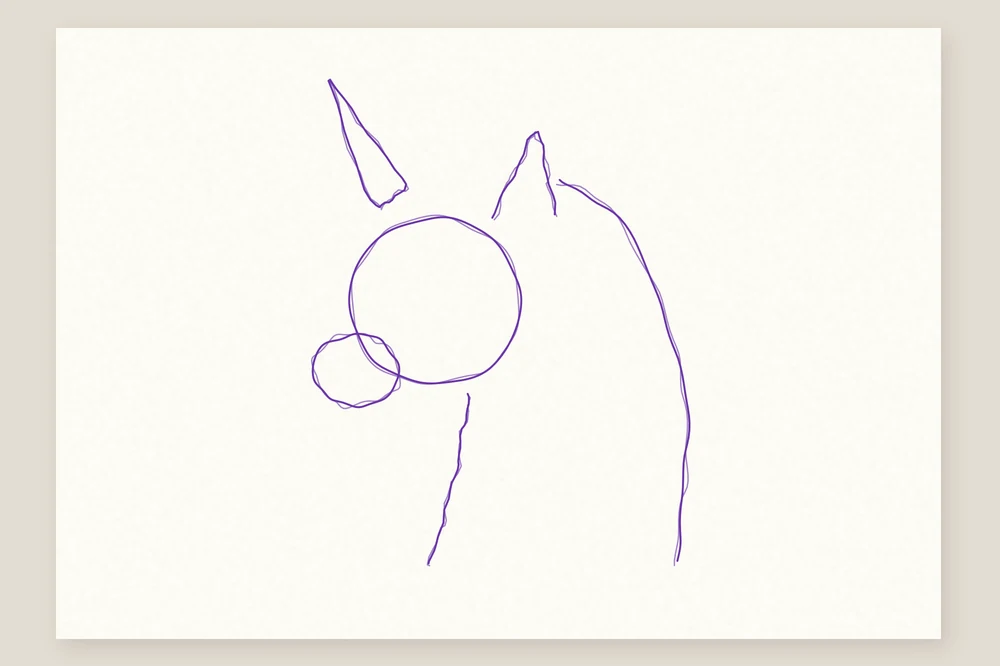 Dessin tête de licorne étape 1 : un rond pour la tête, un pour le museau, un triangle pour la corne et les courbes de l'encolure