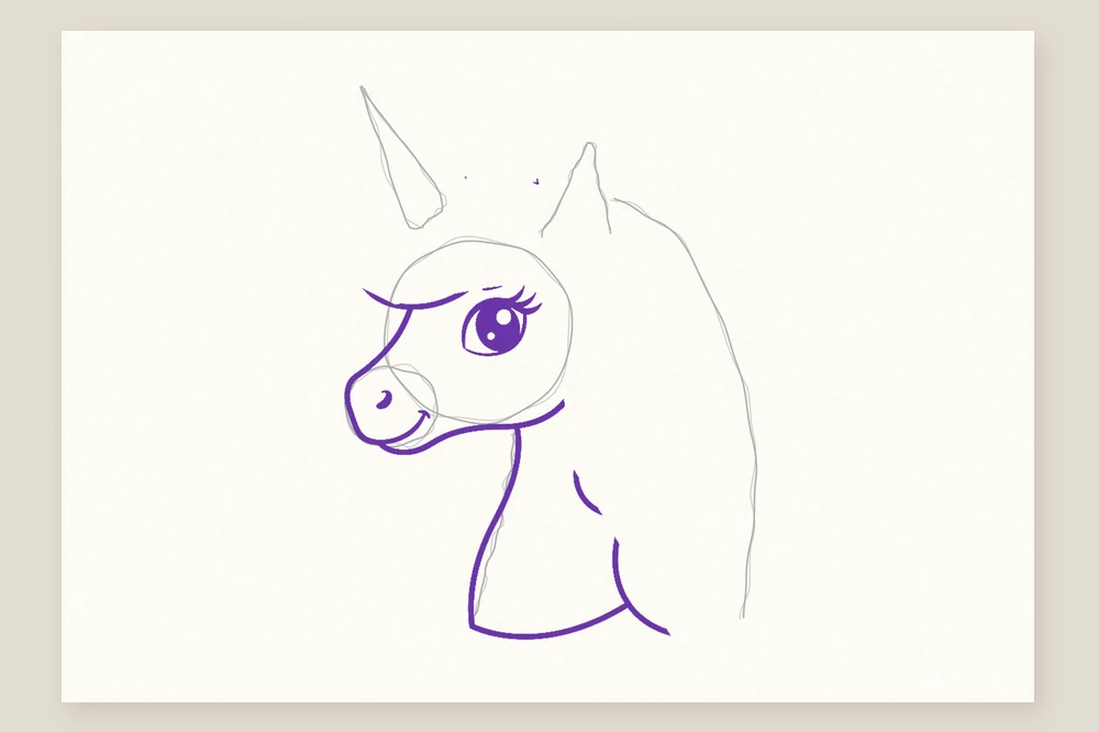 Dessin tête de licorne étape 2 : la tête, le grand œil et l'encolure