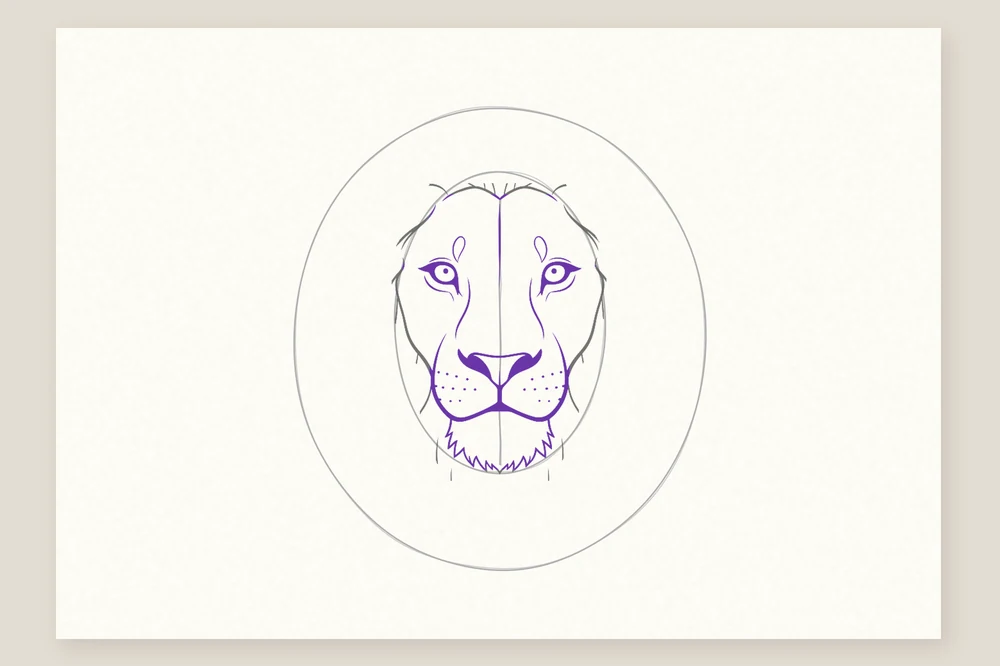 Tête de lion de face, étape 3 : les yeux, la truffe, la bouche et le menton
