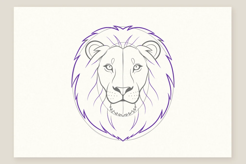 Tête de lion de face, étape 5 : la crinière en mèches pointues
