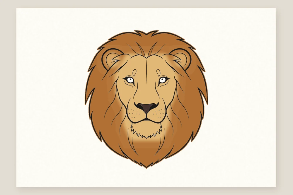 Dessin de tête de lion colorié : visage doré, crinière fauve