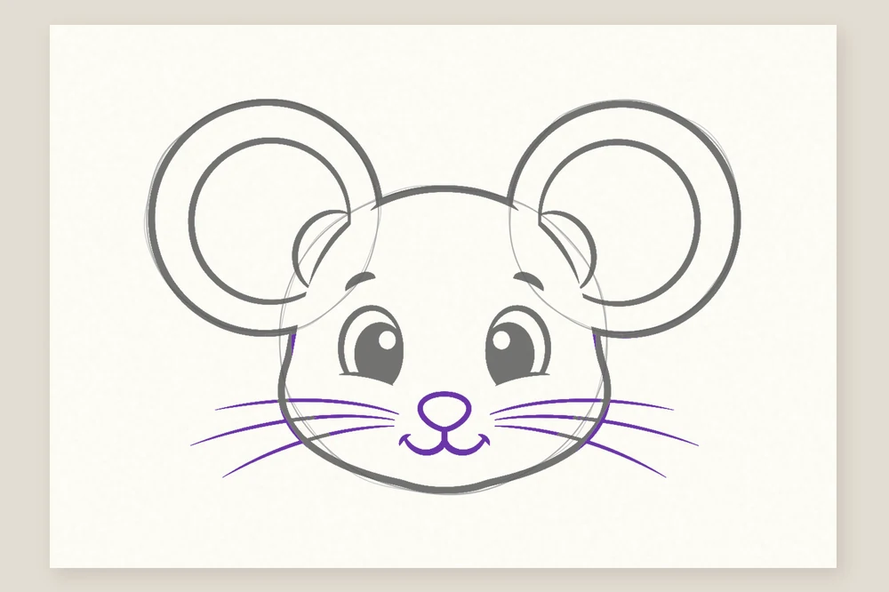 Dessin tête de souris étape 5 : la truffe, le sourire et les moustaches