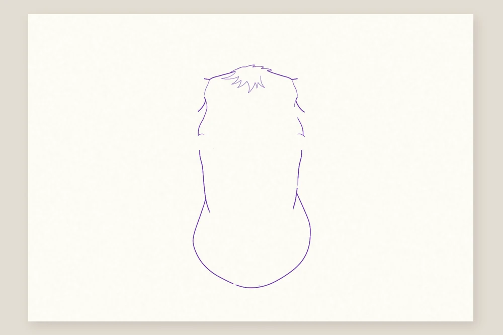 Dessin tête de vache étape 1 : la forme de la tête, large en haut, avec le toupet