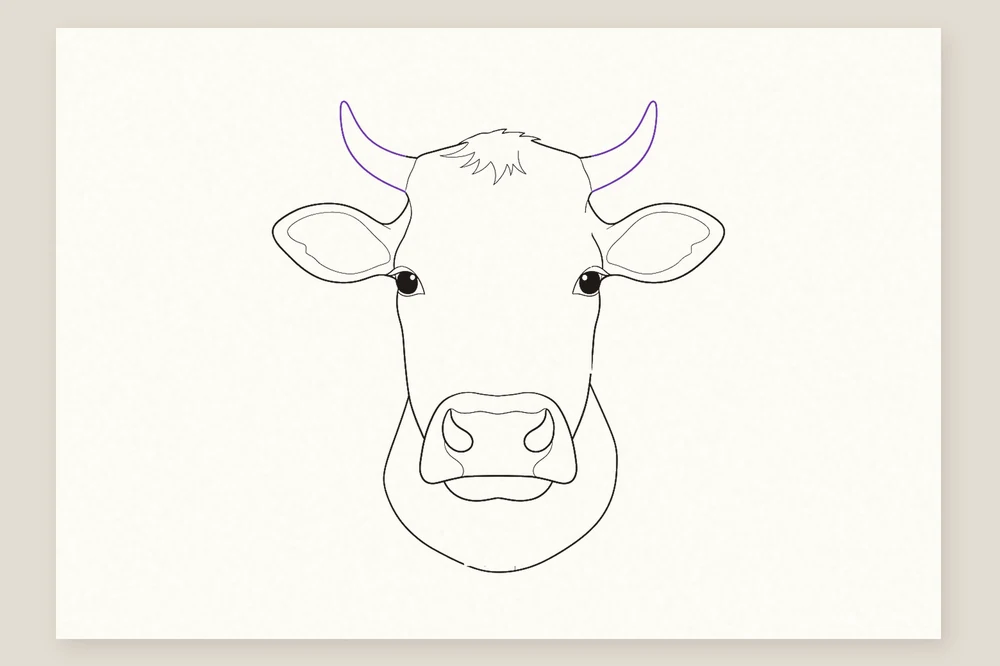 Dessin tête de vache étape 4 : deux cornes courbes au-dessus des oreilles