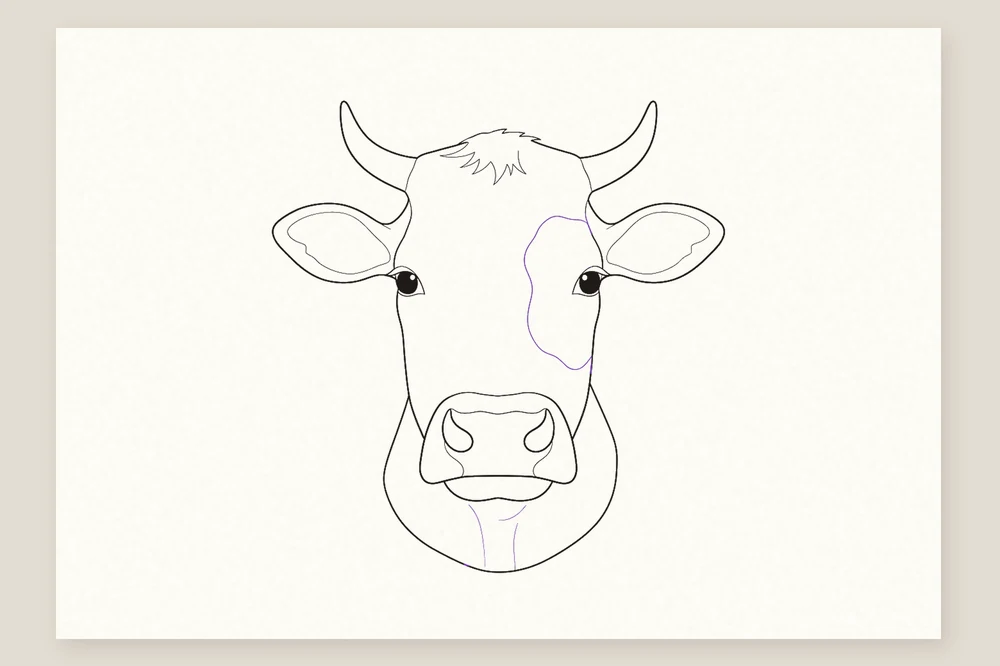 Dessin tête de vache étape 5 : une tache autour d'un œil et les plis du cou
