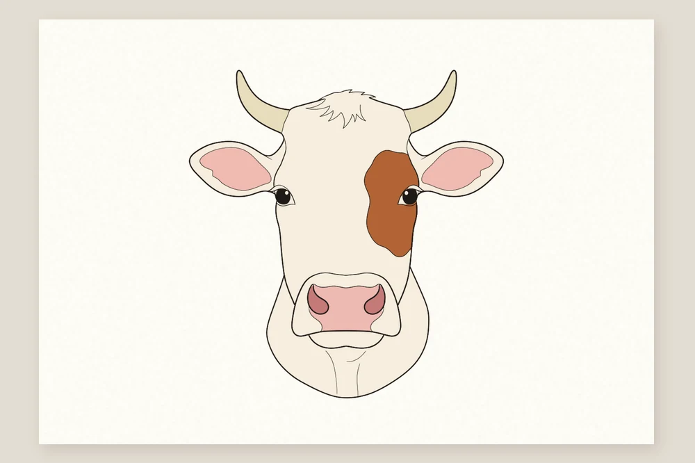 Dessin de tête de vache de face terminé en couleur, tache brune et mufle rose