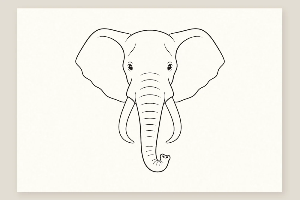 Tête d'éléphant de face repassée à l'encre