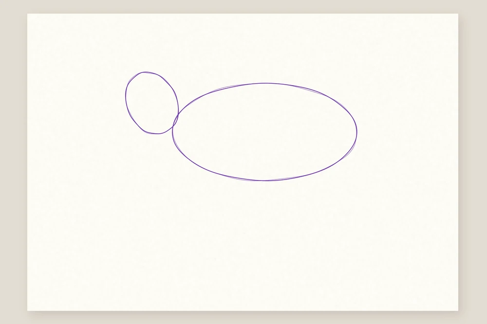 Comment dessiner une vache : étape 1, un ovale penché pour la tête et un grand ovale couché pour le corps