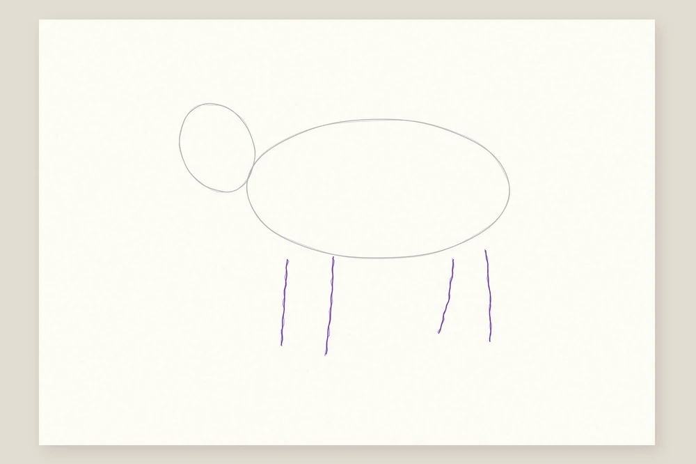 Dessin vache étape 2 : quatre traits pour les pattes, bien séparés sous le corps
