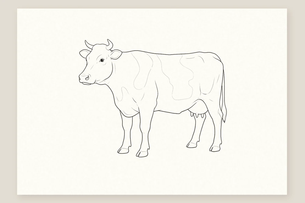 Dessin vache facile : contour repassé à l'encre, repères gommés