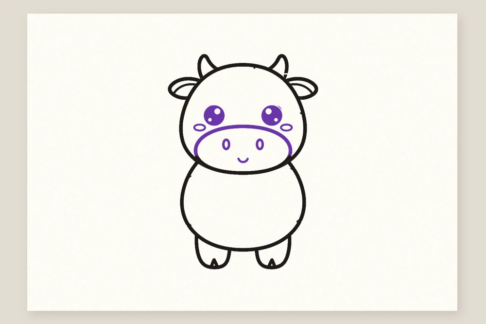 Dessin de vache kawaii pour enfant : grands yeux, gros mufle et sourire