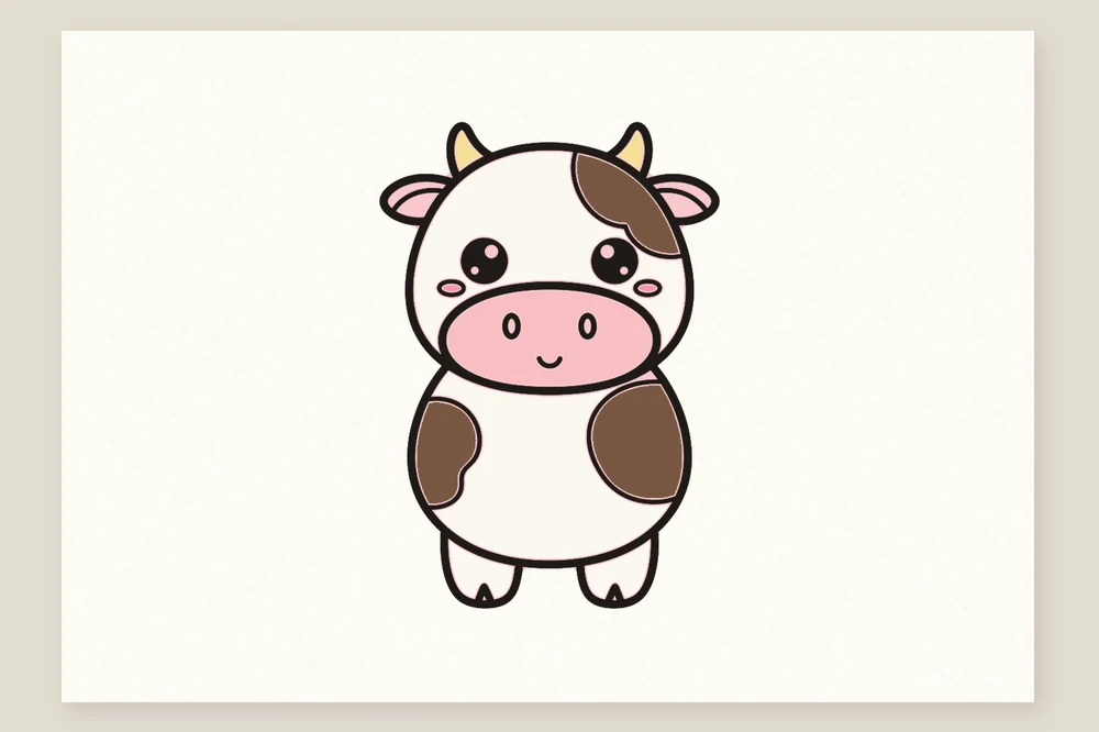 Dessin de vache kawaii facile pour enfant, coloriée avec des taches brunes et un mufle rose