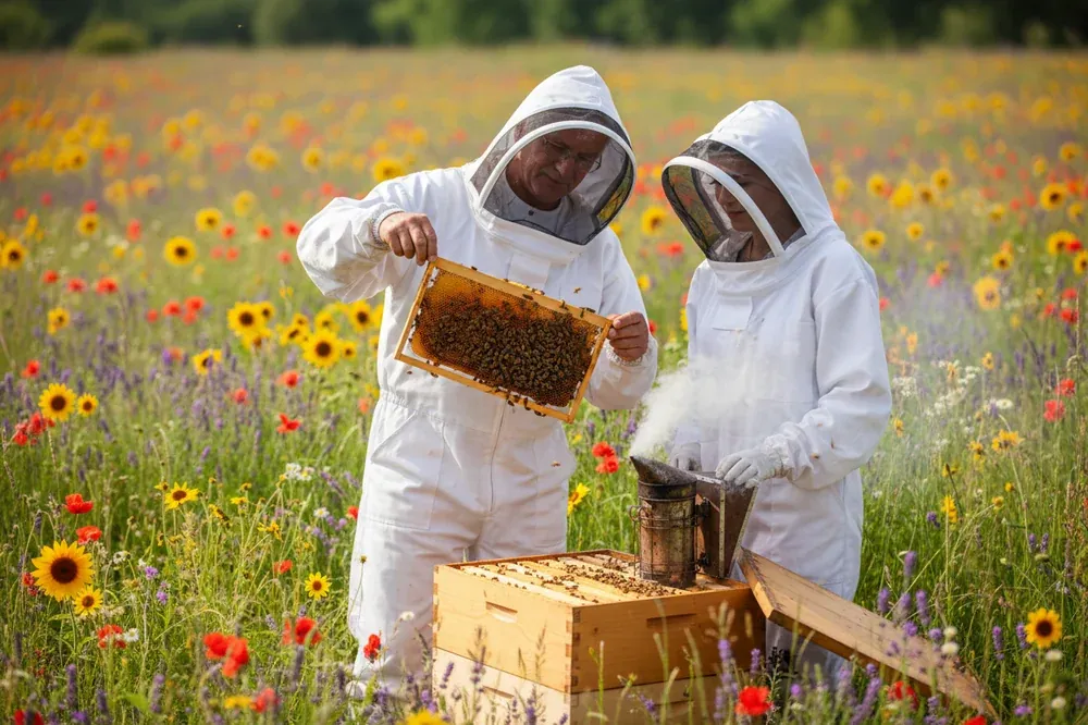Formation apiculteur au rucher-école : un formateur montre un cadre couvert d'abeilles à une stagiaire, tous deux en tenue de protection