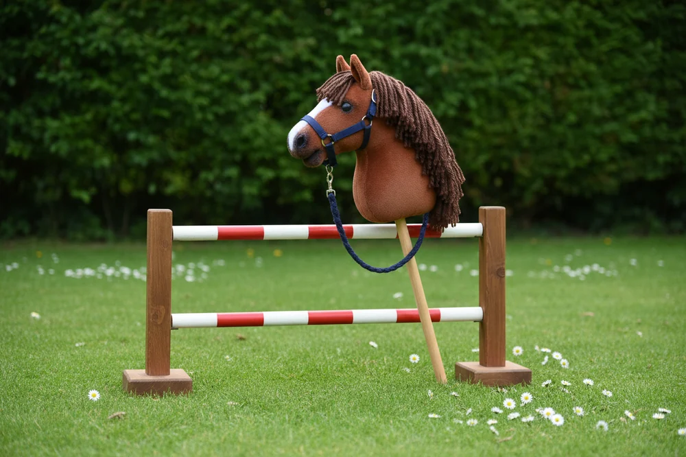 Hobby horse avec licol posé contre un petit obstacle à barres sur une pelouse, prêt pour un entraînement de saut.