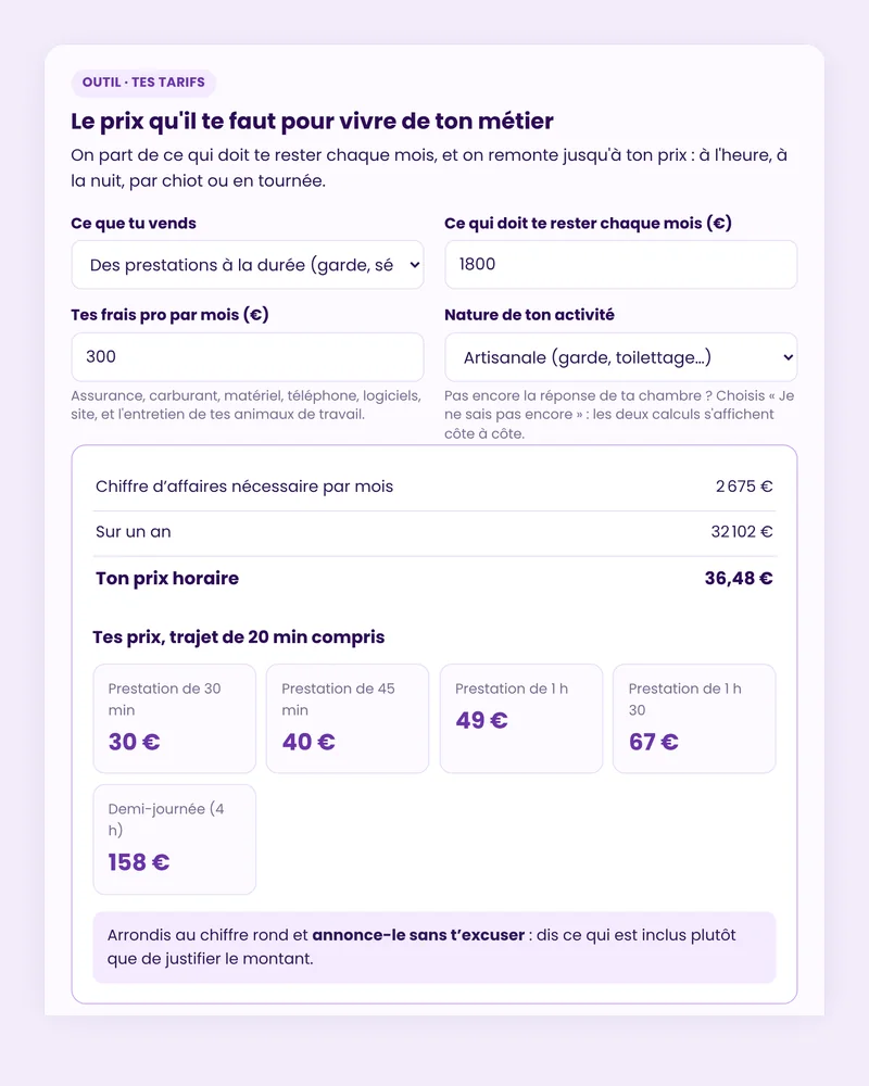 Aperçu de l'outil Tes tarifs du kit pour se lancer comme pro animalier : prix d'une prestation de 30 minutes à une demi-journée, trajet compris
