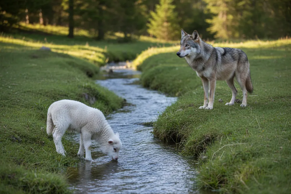 Le Loup et l'Agneau : un agneau boit au bord d'un ruisseau pendant qu'un loup l'observe un peu plus haut sur la berge