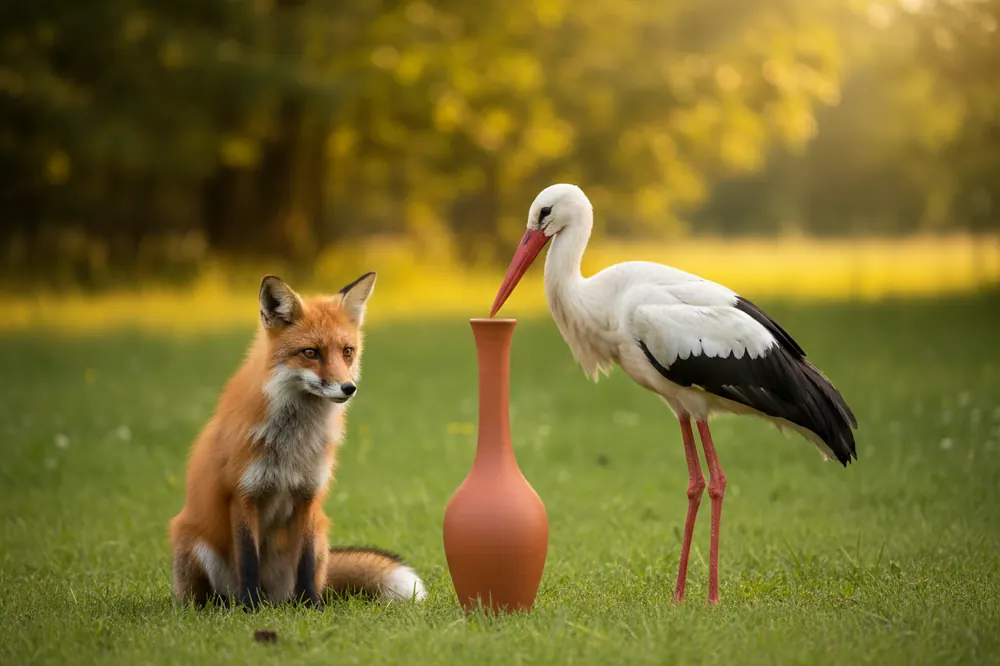 Le Renard et la Cigogne : la cigogne approche son long bec d'un vase au col étroit, sous le regard du renard